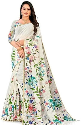 SVB Sarees Digital Print Bollywood Cotton Linen Saree(Multicolor)