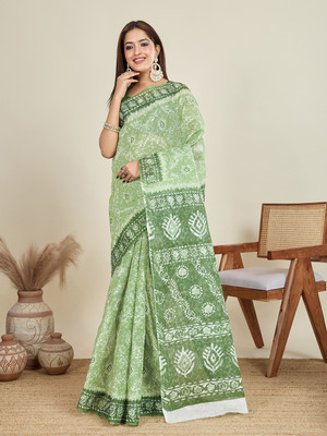 Jevi Prints Printed Hand Batik Pure Cotton Saree(Green)
