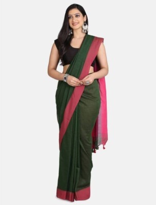 SUSHRITA BOUTIQUE Solid/Plain Handloom Cotton Blend Saree(Dark Green)