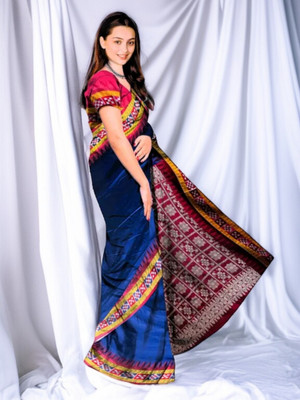 Aiman Creation Solid/Plain, Temple Border Sambalpuri Handloom Art Silk Saree(Blue)