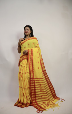 Anu Solid/Plain Handloom Cotton Silk Saree(Yellow)