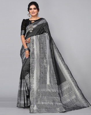SIRIL Woven, Embellished Kanjivaram Silk Blend, Jacquard Saree(Silver, Black)