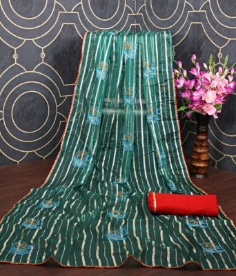 Vichitra Striped Bollywood Organza Saree(Green)