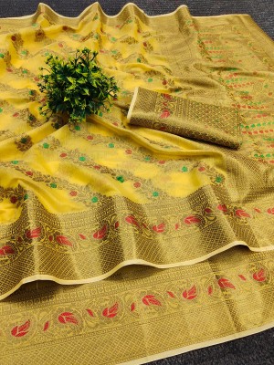 ULLTRON Woven Banarasi Cotton Blend, Jacquard Saree(Yellow)