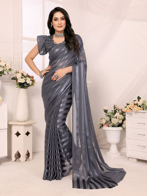 Moda Rapido Striped, Self Design Daily Wear Satin Saree(Pack of 2, Grey)