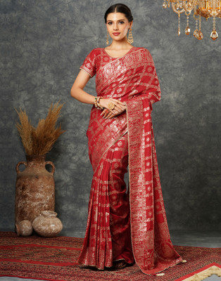 Samah Self Design, Embellished, Dyed Banarasi Cotton Silk Saree(Red, Gold)