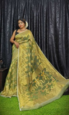 Raj Lakshmi Embroidered Kanjivaram Silk Blend Saree(Green)