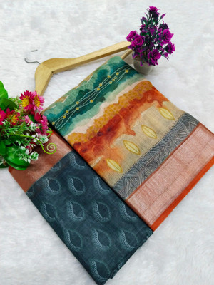 HangerStories Woven Kanjivaram Pure Cotton, Cotton Linen Saree(Orange)