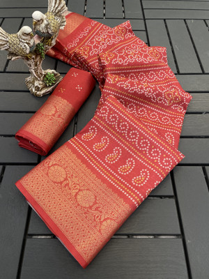 Sperova Printed, Woven Bandhani Cotton Blend Saree(Orange)