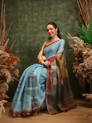 SILK ZONE Digital Print Banarasi Cotton Silk Saree(Light Blue)