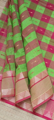 GANESH PLASTIC Self Design Handloom Pure Cotton Saree(Light Green, Red)
