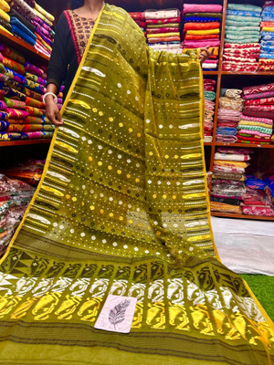 DURGA TEXTILE Self Design Handloom Cotton Silk Saree(Green, Multicolor)
