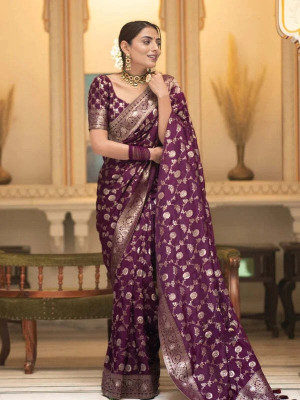 HouseOfCommon Printed Kanjivaram Jacquard Saree(Purple)