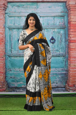 Tropwear Printed, Self Design, Digital Print, Hand Painted, Blocked Printed Ikkat Pure Cotton Saree(Black)