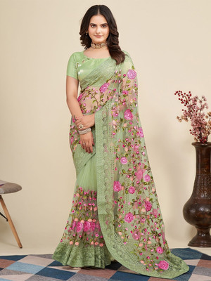 Apnisha Embroidered Bollywood Net Saree(Light Green)