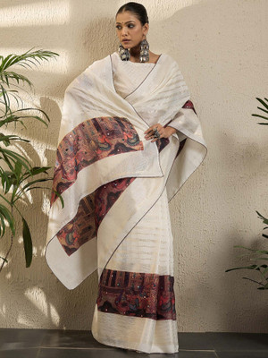 Tasrika Printed Daily Wear Jute Silk Saree(White)
