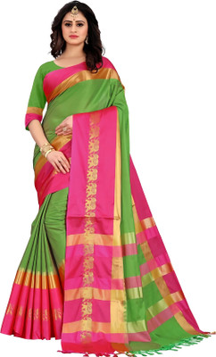 MoonTextile Temple Border Assam Silk Cotton Silk Saree(Green)