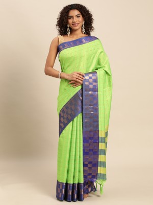 Vastramall Checkered Kota Doria Pure Silk, Cotton Silk Saree(Green)