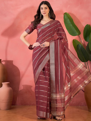 ShopGlobal Woven Banarasi Organza Saree(Brown)