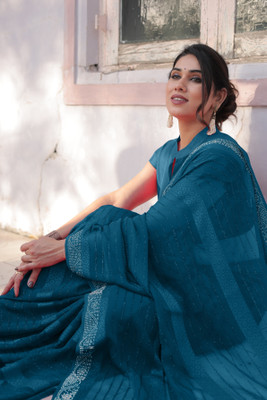 MIRCHI FASHION Solid/Plain, Embellished Bollywood Georgette Saree(Blue)