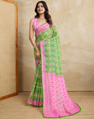 Satrani Printed, Embellished Ikkat Cotton Blend Saree(Green)