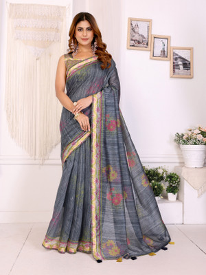 JKRISHNAART Digital Print Bollywood Cotton Linen Saree(Multicolor)