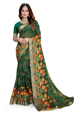 mahalaxmi fab Printed Bollywood Brasso, Chiffon Saree(Dark Green, Orange)