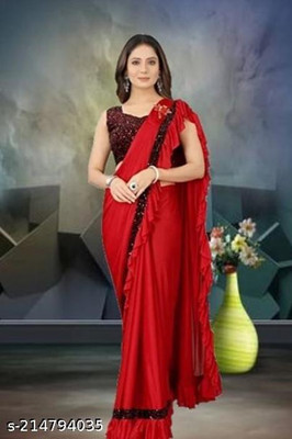 WOSTON Solid/Plain Bollywood Lycra Blend Saree(Red)