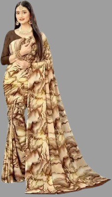THE PRIVATE LABLE Printed Mysore Georgette Saree(Brown)