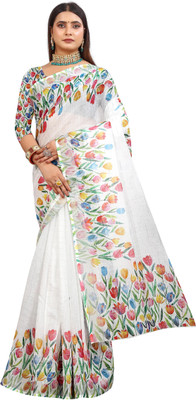 HouseOfCommon Floral Print Kanjivaram Pure Cotton, Cotton Linen Saree(White)