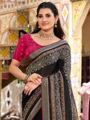 Sareemall Printed Bandhani Chiffon Saree(Black)