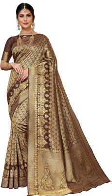 Priyashi Woven Banarasi Jacquard, Silk Blend Saree(Brown)