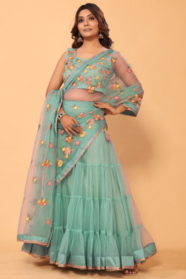 PATLANI STYLE Embroidered Bollywood Net Saree(Light Blue)