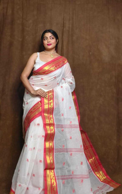 SUDIPTO SAREE HUB Printed Tant Handloom Pure Cotton Saree(White)