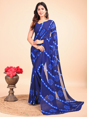 VIBHAGYAA Printed Bandhani Georgette Saree(Pack of 2, Blue)