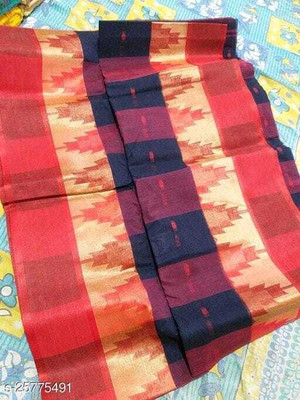 Sthaker Self Design Tant Pure Cotton Saree(Blue, Red)