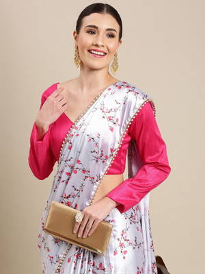 AVANSHEE Floral Print, Digital Print Bollywood Satin Saree(Pink, White)