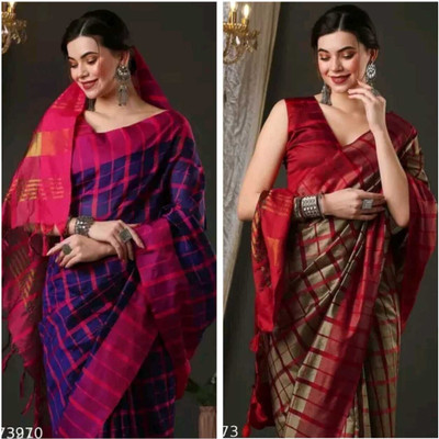 Rofolav Embellished, Solid/Plain, Striped Daily Wear Chanderi, Cotton Silk Saree(Pack of 2, Multicolor)