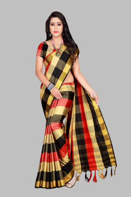 Shaibo saree Checkered Daily Wear Cotton Silk Saree(Cream)