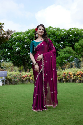 Zari and Ziba Solid/Plain Bollywood Jimmy choo Saree(Purple)
