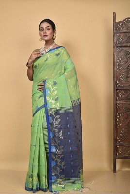 Tantikatha Woven Handloom Cotton Silk Saree(Green, Blue)