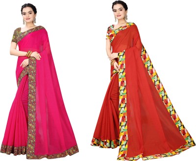 manish Solid/Plain Chanderi Cotton Blend Saree(Pack of 2, Magenta, Red)