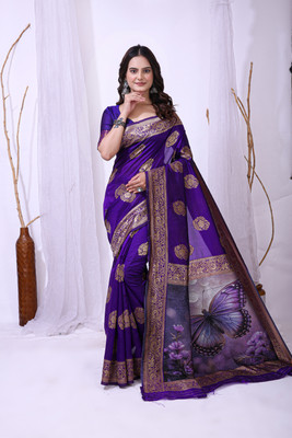 AEDYM Woven, Floral Print, Printed Banarasi Silk Blend Saree(Purple)