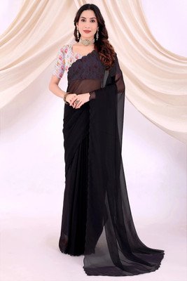 Falessa Solid/Plain Bollywood Georgette Saree(Black)
