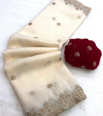 Zari and Ziba Embroidered Bollywood Chiffon Saree(Beige)