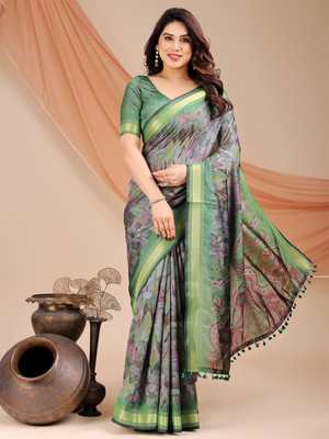 Vichitra Printed Daily Wear Silk Blend Saree(Green)