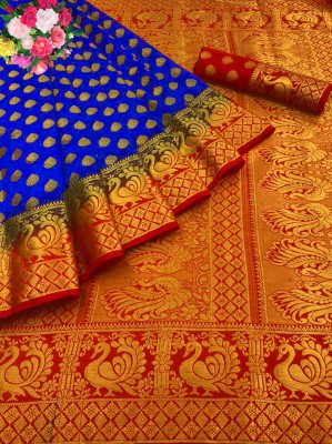 Pionex Woven Banarasi Cotton Silk Saree(Dark Blue, Red)