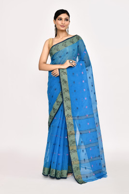 maa textile Self Design Tant Pure Cotton Saree(Blue)