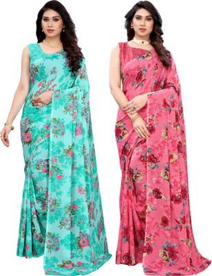 Samah Floral Print Bollywood Georgette Saree(Pack of 2, Blue, Pink)