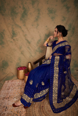Sangria Embroidered Kalamkari Net Saree(Blue)